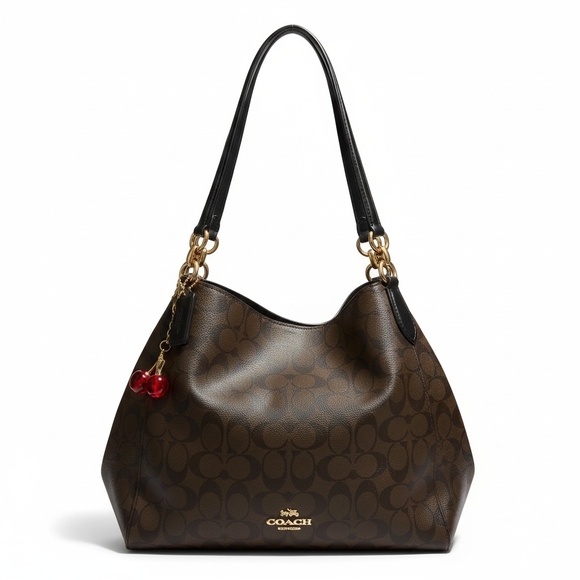 Coach Dark Brown Shoulder Bag with Scarf Accent & Purse Charm. L - Picture 3 of 13